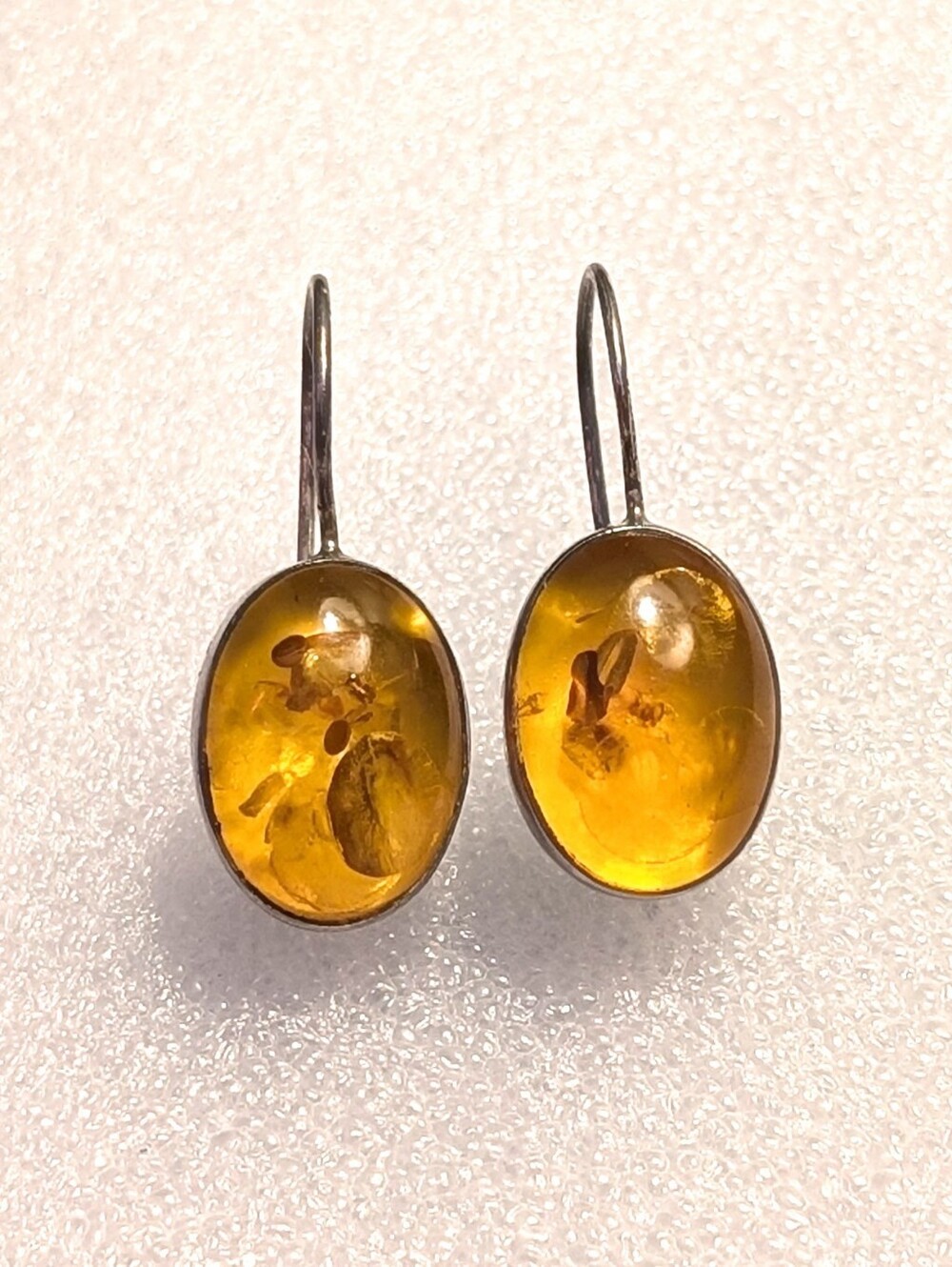 Vintage Sterling Silver Genuine Golden Amber 1.25" Drop Hook Earrings